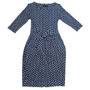 Jones New York Stretch Tie Waist Cobalt Blue Chevron Dress w/Boatneck Size 8